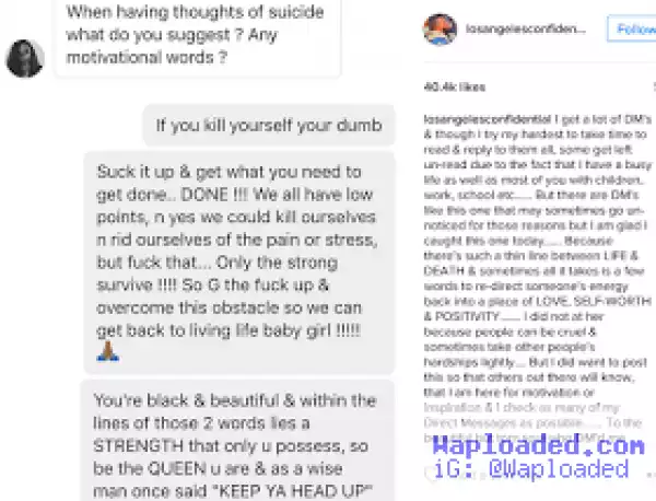 The Game gives motivational advice to fan who reached out to him about having suicidal thoughts